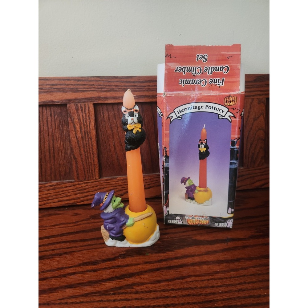 Vintage Halloween Witch Candle Hugger Holder with Black Cat Climber